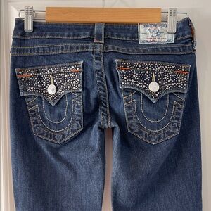 True Religion Flare Blue Jeans with Embellished Crystals Pockets size 25